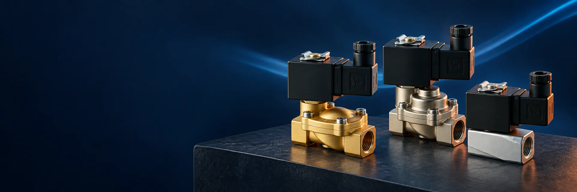 Pirinç, kaplamalı ve alüminyum gövdeli üç solenoid valf kompozisyonu