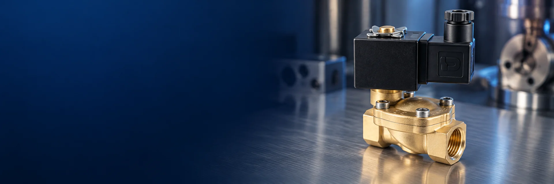 İşlenmiş metal yüzey üzerinde solenoid valf ve temsili üretim ortamı
